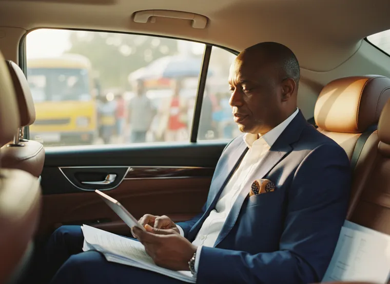 A director reading board papers on a tablet in the back of a car in Lagos traffic