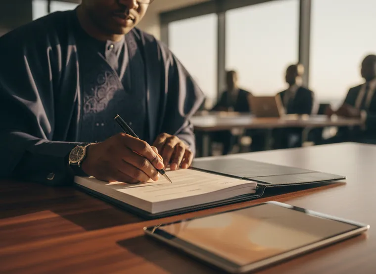A chairman signing the minutes with a fountain pen