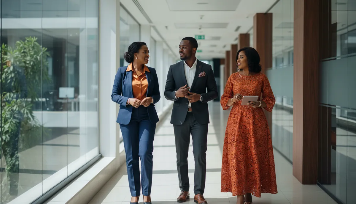Three board members walking and talking in a bright office corridor